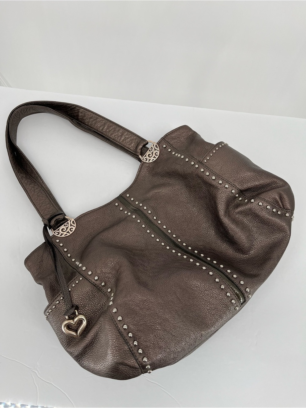Brighton pre-owned bronze Leather Shoulder Bag with Silver Studs and Heart Charm